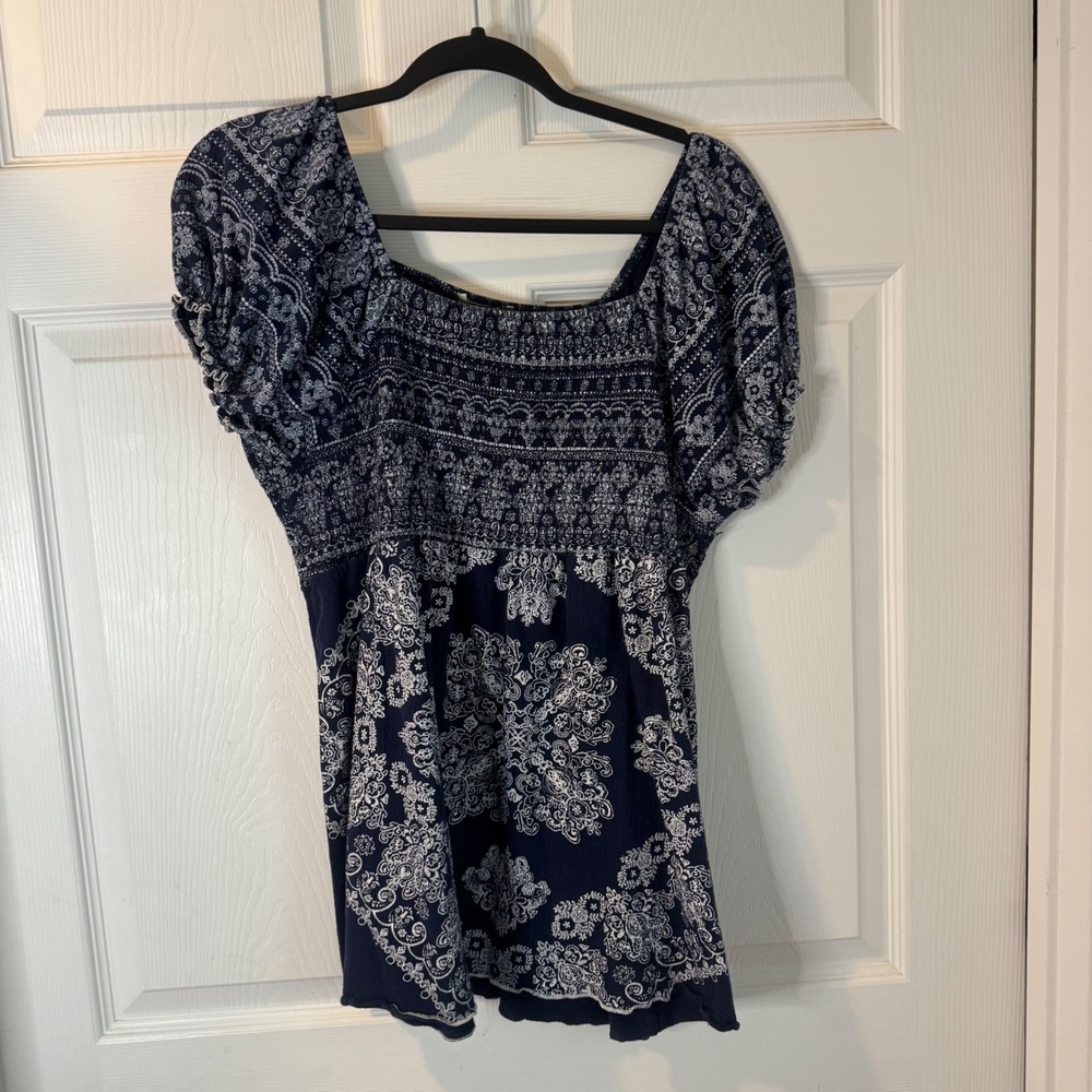 Roz & Ali Blouse Women 2X Blue Paisley Smocked Square Neck Babydoll